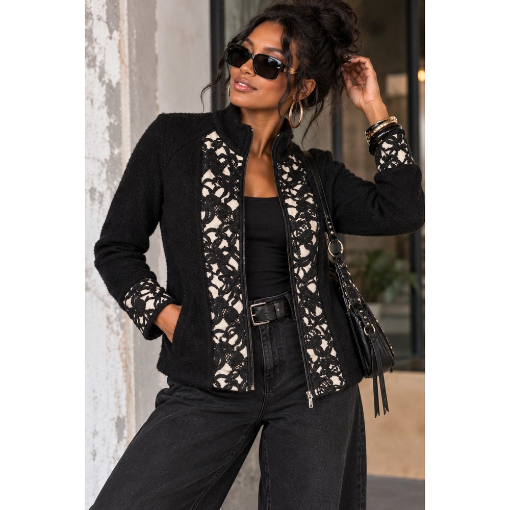 Venario Black 100% Wool Lace Front Jacket Zip Tailored Blazer Chic Romantic M